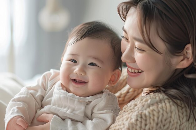 Foto una mujer sosteniendo a un bebé y sonriendo con los ojos cerrados