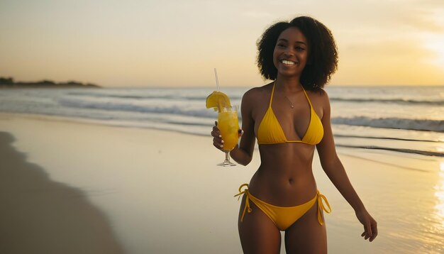 una mujer sosteniendo una bebida en la playa con el sol poniéndose detrás de sus vacaciones vacaciones