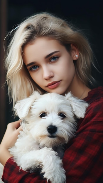 mujer sosteniendo blanco perro brazos jovencita cabello cara ruso japonés mezclar ojos princesa ronda mordida