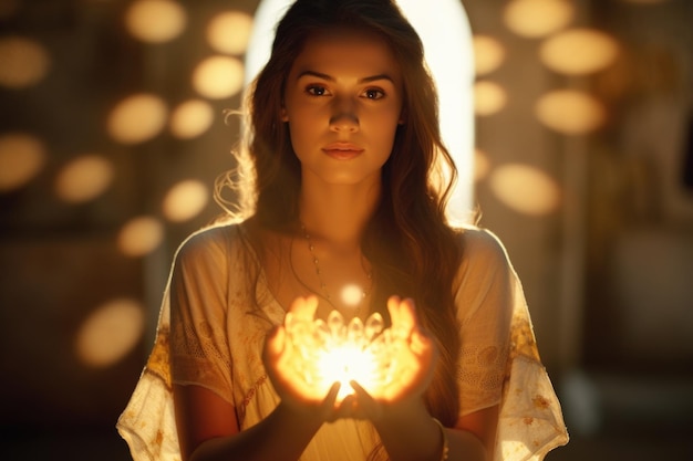 Foto una mujer sosteniendo una bola brillante adecuada para temas místicos y mágicos