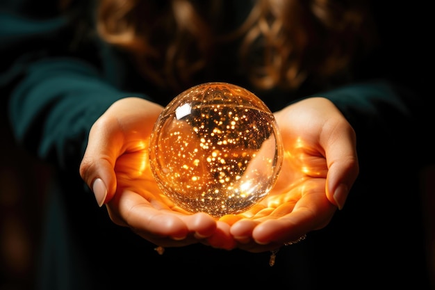 Foto una mujer sosteniendo una bola de cristal brillante en sus manos ia generativa