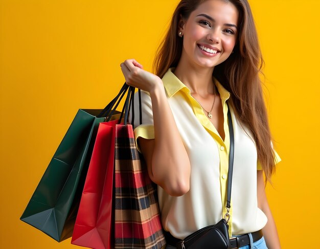 una mujer sosteniendo una bolsa de compras con un fondo amarillo