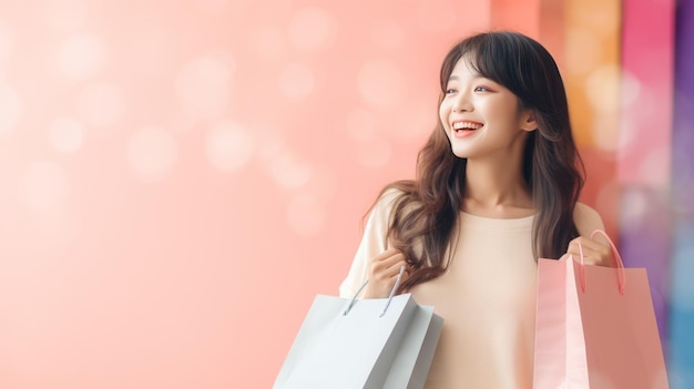 mujer sosteniendo bolsa de compras sobre fondo de color pastel