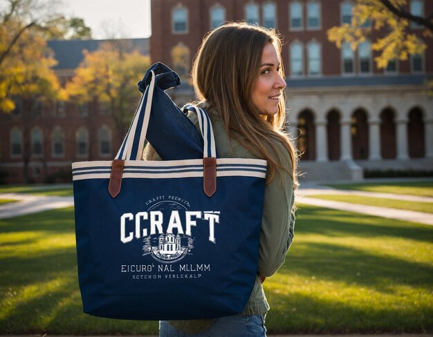 una mujer sosteniendo una bolsa que dice artesanía