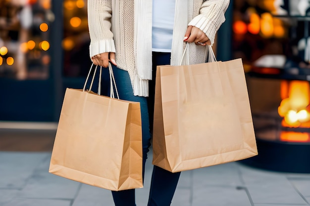 una mujer sosteniendo bolsas de compras con las palabras quot shopping quot en la parte inferior