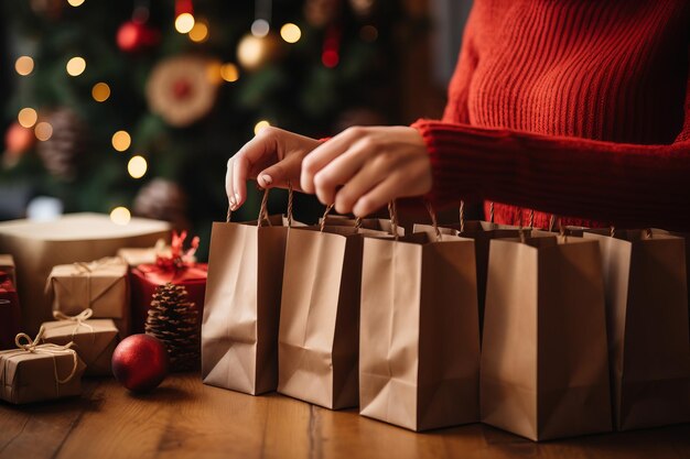 mujer sosteniendo bolsas de papel con regalos de Navidad en el fondo