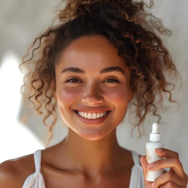 Foto una mujer sosteniendo una botella de loción y sonriendo