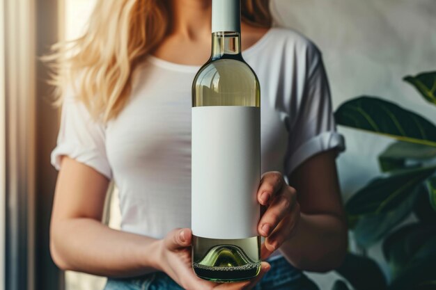 Mujer sosteniendo una botella de vino blanco con una maqueta de etiqueta AI generativa