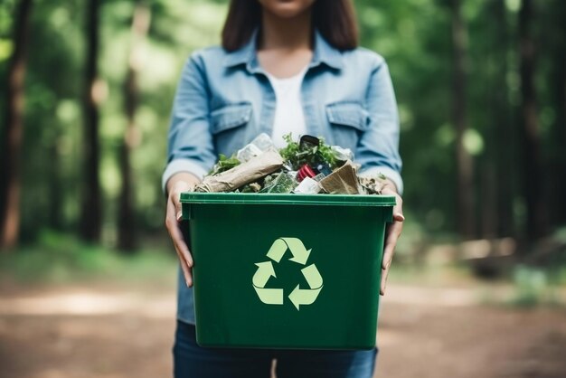 Foto mujer sosteniendo una caja de basura concepto de reciclaje reciclar reciclar envases de plástico de comida chatarra sin plástico