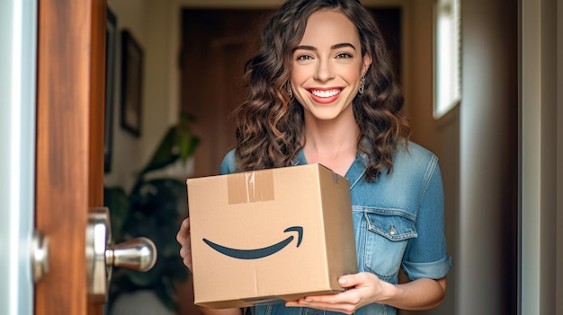mujer sosteniendo una caja de cartón de Amazon Prime contra la entrada de la casa Black Frid