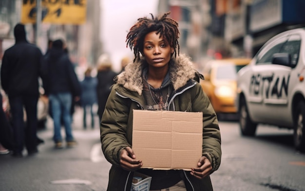 Mujer sosteniendo una caja de cartón en las calles de la ciudad