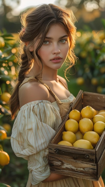 Mujer sosteniendo una caja de limones en un frutal exuberante