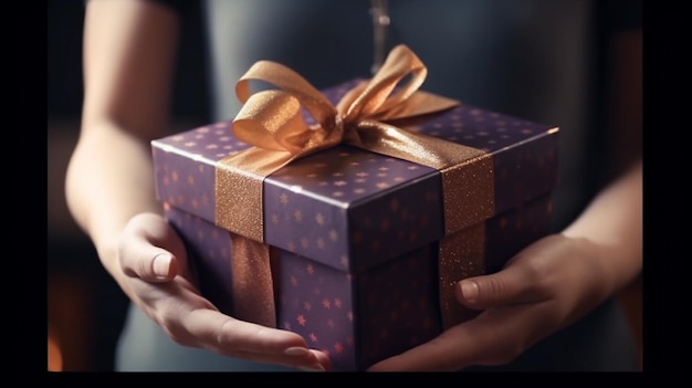 Una mujer sosteniendo una caja de regalo morada con una cinta dorada.