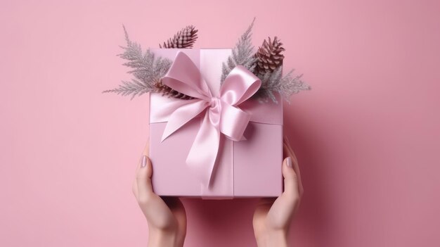 Una mujer sosteniendo una caja de regalo rosa con una cinta rosa y piñas.