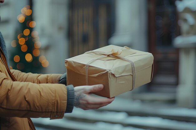 Una mujer sosteniendo una caja de regalos envuelta en sus manos con un árbol de Navidad en el fondo en el