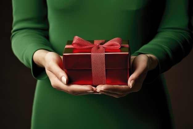 mujer sosteniendo una caja de regalos roja con un arco rojo