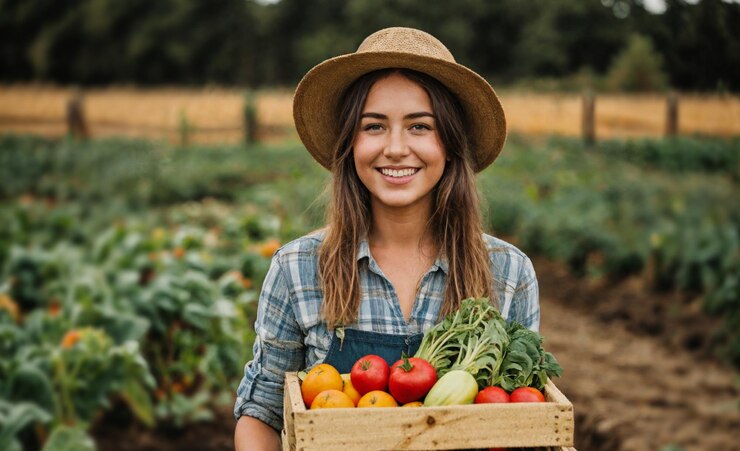 Foto una mujer sosteniendo una caja de verduras en un campo