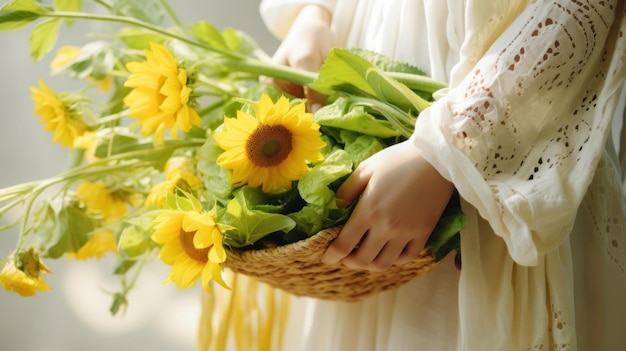 Mujer sosteniendo una canasta de flores amarillas