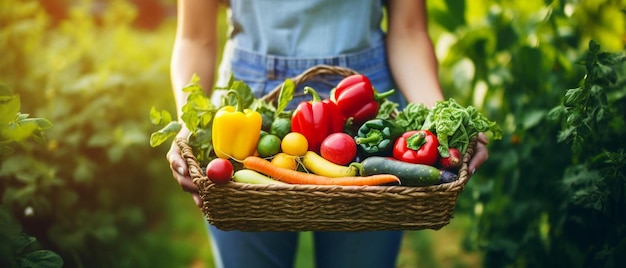 Foto una mujer sosteniendo una canasta llena de verduras