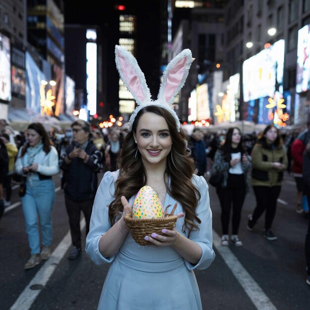 Foto una mujer sosteniendo una canasta con orejas de conejo y un conejo en el fondo