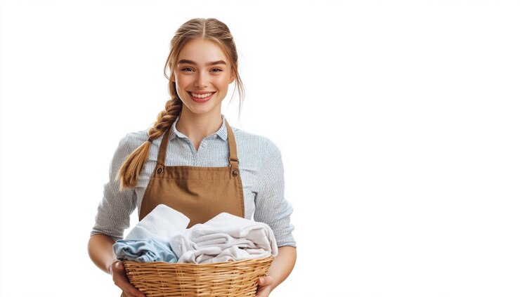 una mujer sosteniendo una canasta de ropa y sonriendo
