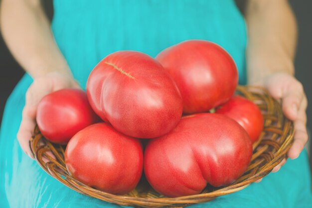 Mujer sosteniendo una canasta con tomates muy grandes