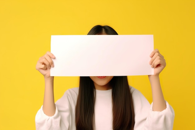 Una mujer sosteniendo un cartel blanco frente a su rostro imagen generativa de ai