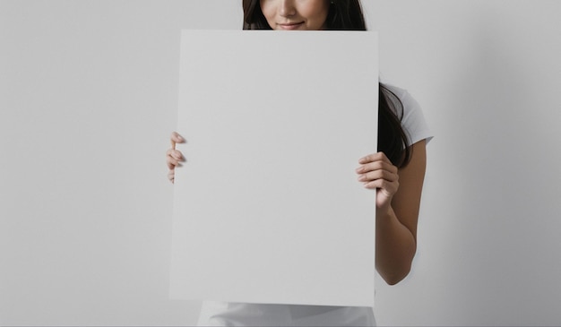 Foto una mujer sosteniendo un cartel blanco sobre su rostro maqueta de pancarta generada por ai