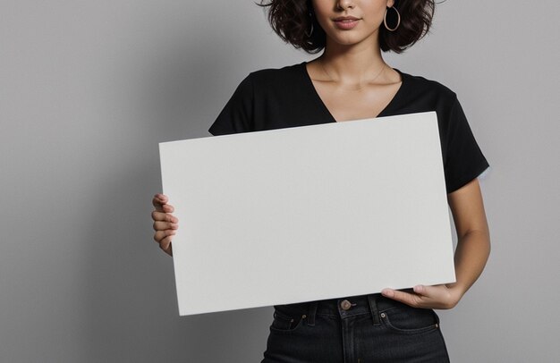 Foto una mujer sosteniendo un cartel blanco sobre su rostro maqueta de pancarta generada por ai