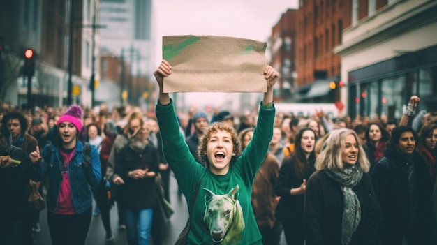 Una mujer sosteniendo un cartel entre una multitud ai