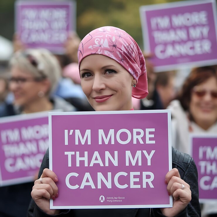 una mujer sosteniendo un cartel que dice im más que mi cáncer