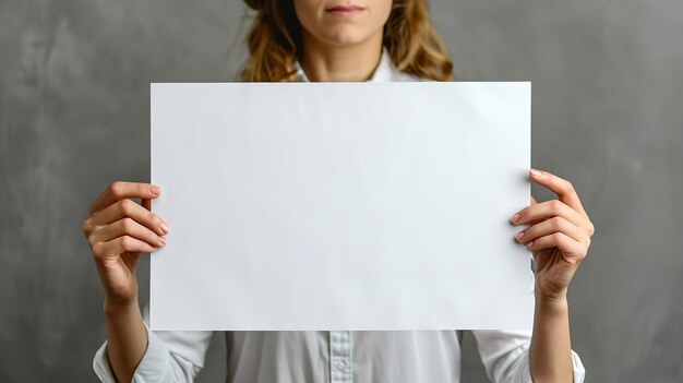 Foto mujer sosteniendo un cartel vacío en un telón de fondo limpio con un gran espacio vacío ia generativa