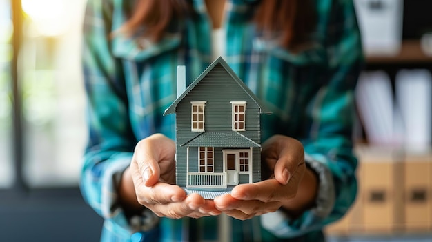 Mujer sosteniendo una casa modelo en sus manos