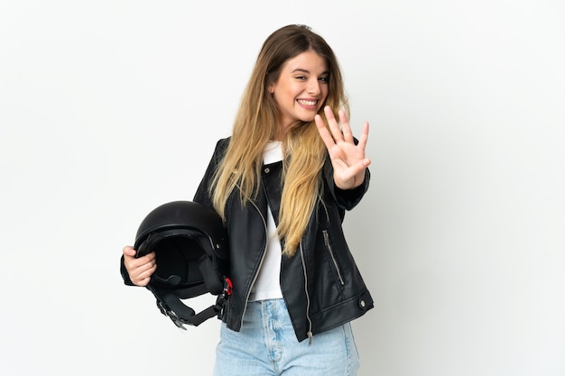 Mujer sosteniendo un casco de moto aislado