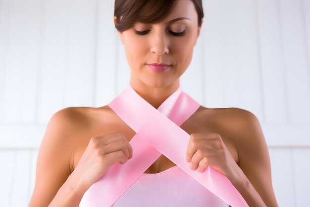 mujer sosteniendo una cinta rosa que simboliza fuerza y esperanza en la lucha contra el cáncer de mama