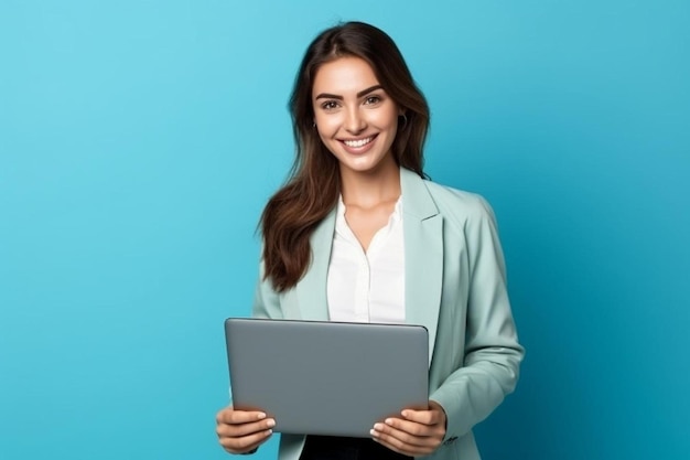 una mujer sosteniendo una computadora portátil con un fondo azul detrás de ella