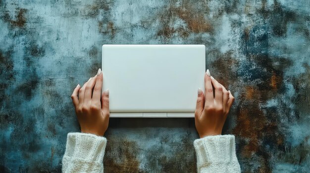 Mujer sosteniendo una computadora portátil con pantalla de espacio de copia en un escritorio grunge