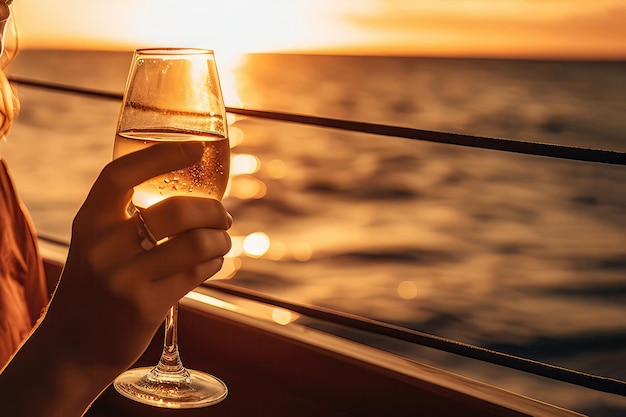 Mujer sosteniendo una copa de champán en un catamarán navegando por el océano al atardecer IA generativa