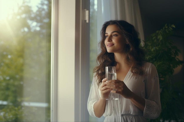 una mujer sosteniendo una copa de vino mirando por una ventana
