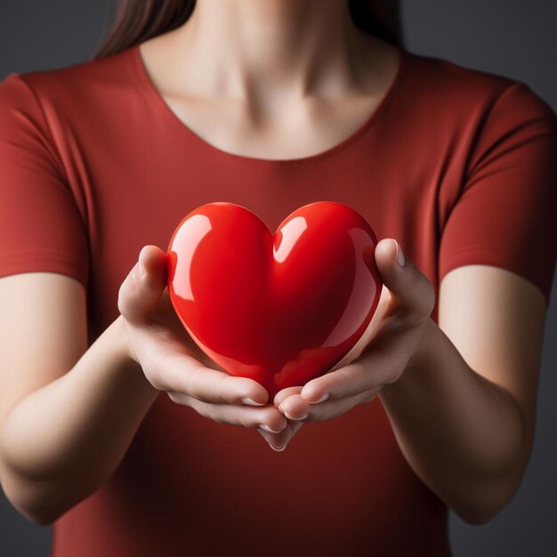 una mujer sosteniendo un corazón con un corazón rojo en el fondo