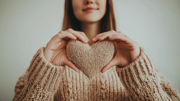 Mujer sosteniendo un corazón tejido un símbolo de amor y calor