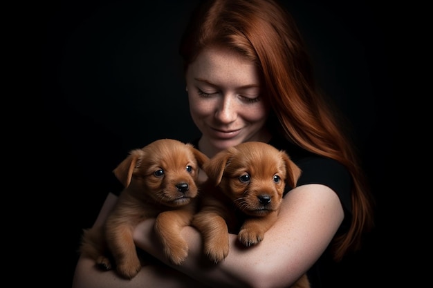 Una mujer sosteniendo dos cachorros sobre un fondo negro.