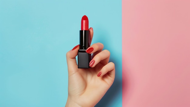 una mujer sosteniendo un esmalte de uñas rojo con un esmalto de uña rojo