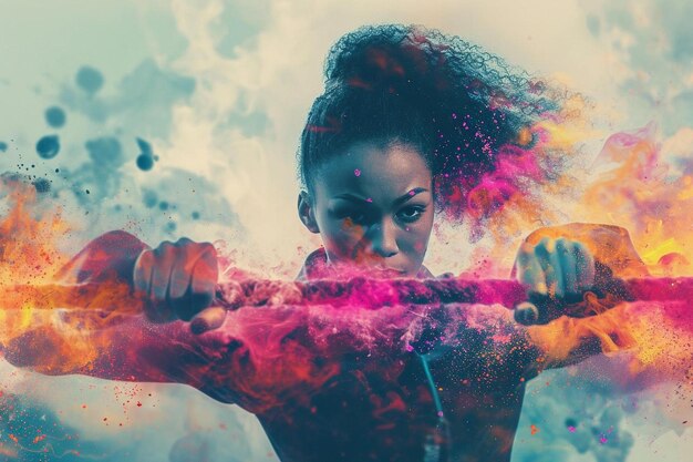 Foto una mujer sosteniendo una espada frente a una explosión colorida