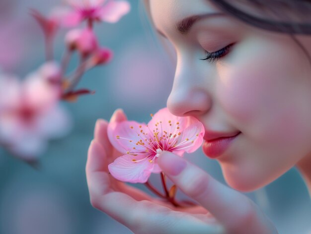 Mujer sosteniendo flor de cerezo