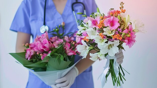 Foto una mujer sosteniendo flores con un estetoscopio alrededor de su cuello