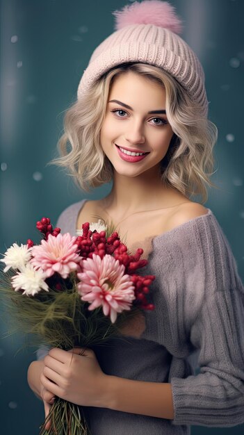 Mujer sosteniendo floristería ramo de flores en invierno