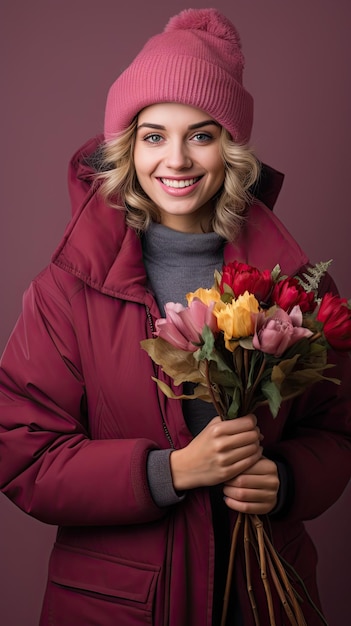 Mujer sosteniendo floristería ramo de flores en invierno