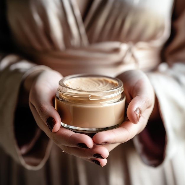 mujer sosteniendo un frasco de maquillaje