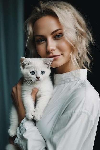 Una mujer sosteniendo un gato blanco con ojos azules.